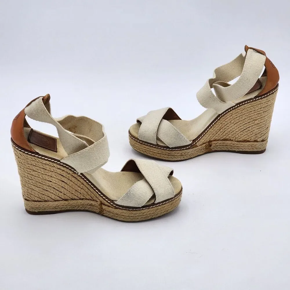 Tory Burch Adonis Espadrille Wedge Platform Heel Sandals Ivory Natural Size 9